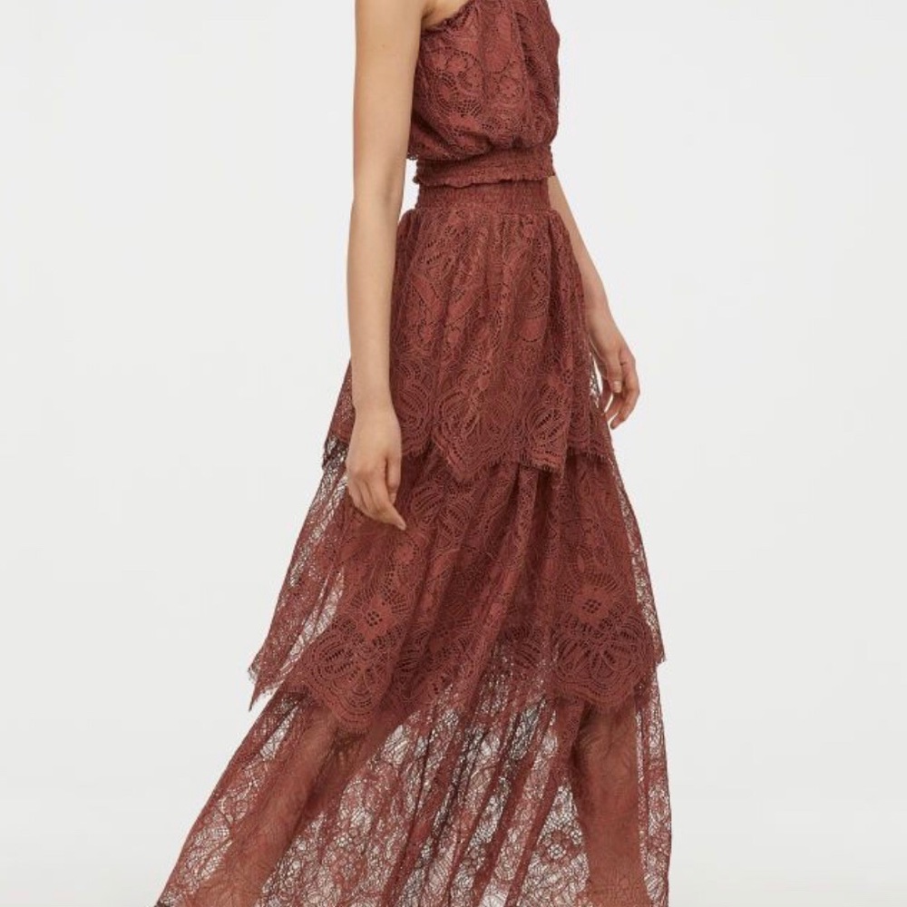 H&M brown lace set: strapless top and maxi skirt